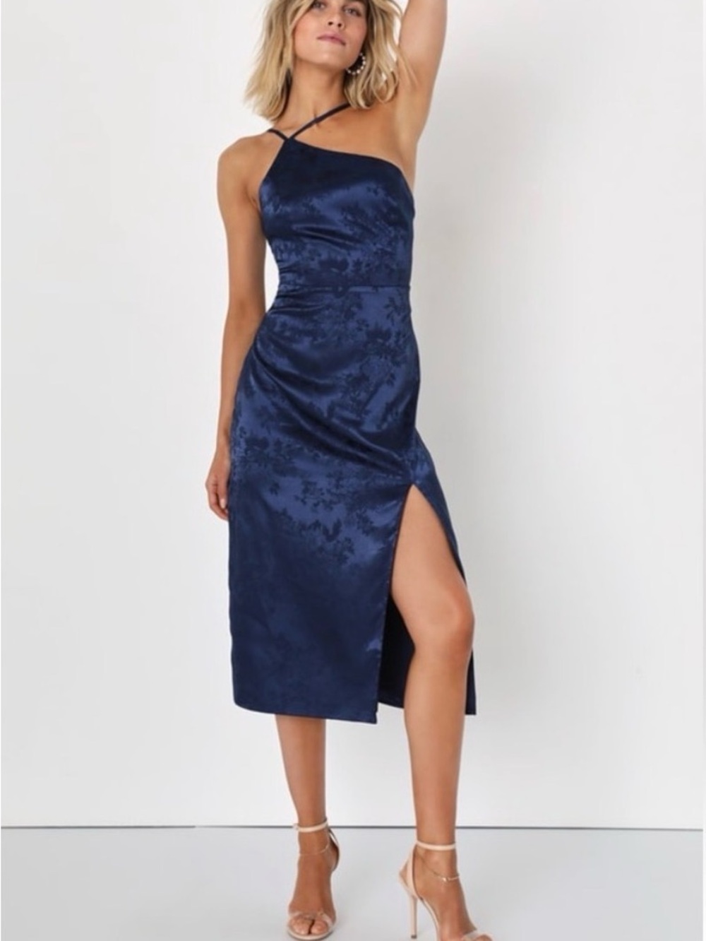 Lulu's Navy One-Shoulder Satin Midi Dress with Side Slit